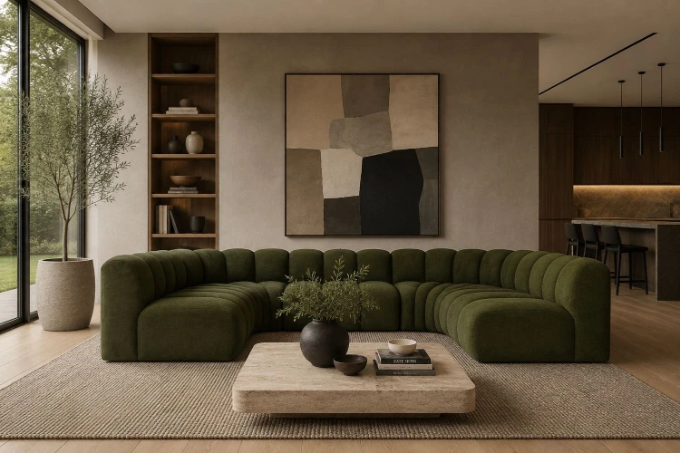 Narożnik modułowy Marbella Symetrical U z eleganckimi przeszyciami - tkanina Aragon - Aranżacja