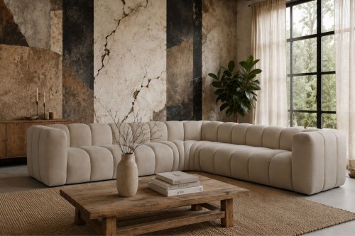 Narożnik modułowy Marbella Symetrical L z eleganckimi przeszyciami - tkanina Riviera - Aranżacja