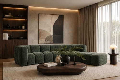 Sofa modułowa Marbella Open półokrągła z eleganckimi przeszyciami - tkanina Milky - Aranżacja