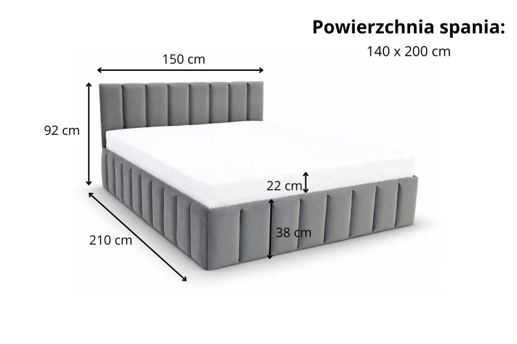 Łóżko tapicerowane z pojemnikiem na pościel 140x200 Karol - Wymiary