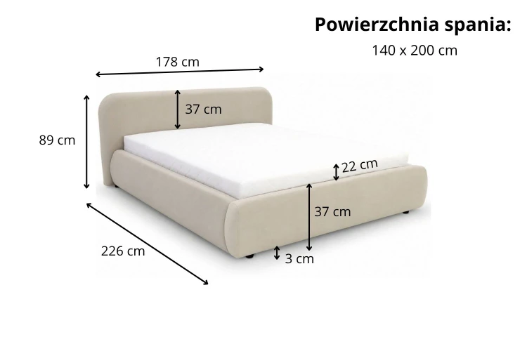 Łóżko tapicerowane z pojemnikiem na pościel 140x200 Nubo - tkanina Royal Velvet 01 - Wymiarówka