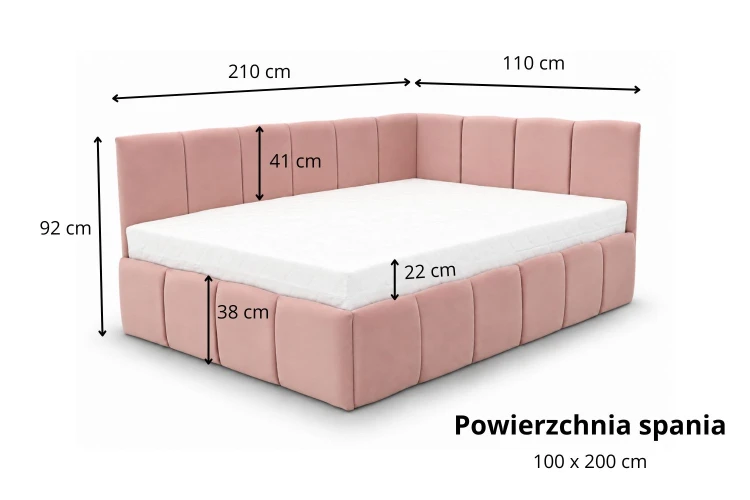 Łóżko tapicerowane narożne z pojemnikiem na pościel Lena 100 x 200 cm - tkanina Royal velvet 16 - Wymiarówka