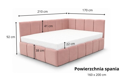 Łóżko tapicerowane narożne z pojemnikiem na pościel Lena 160 x 200 cm - tkanina Royal Velvet 16 - Wymiarówka