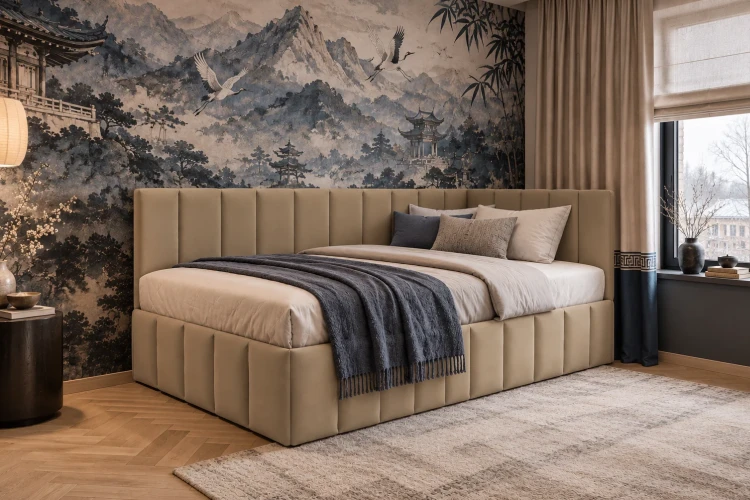 Łóżko tapicerowane narożne z pojemnikiem na pościel i stelażem otwieranym od boku Marcel 180 x 200 cm - tkanina Royal Velvet 03 - Aranżacja