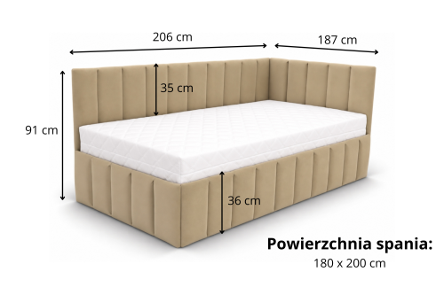 Łóżko tapicerowane narożne z pojemnikiem na pościel i stelażem otwieranym od boku Marcel 180 x 200 cm - tkanina Royal Velvet 03 - Wymiarówka