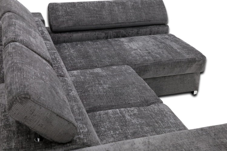 Narożnik Denver z funkcją spania i pojemnikiem na pościel - Detal na siedzisko, oparcie i rozłożone zagłowie