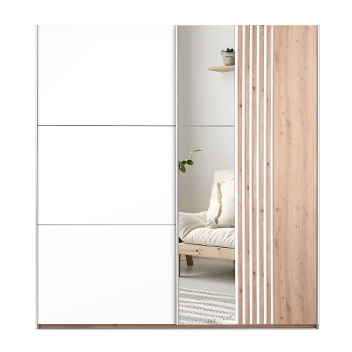 Szafa przesuwna GERRA 203 cm z lustrem i lamelami - Biały mat/ Dąb wotan