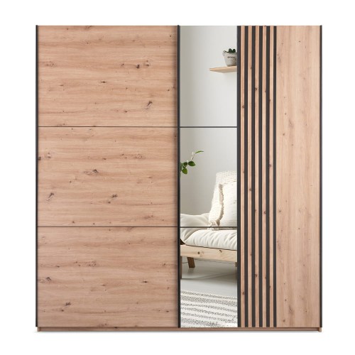 Szafa przesuwna GERRA 203 cm z lustrem i lamelami - Dąb artisan/Czarny mat