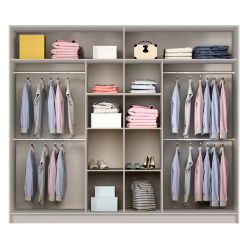 Szafa przesuwna TORINO 250 cm z lustrem - Beż piaskowy - otwarta, wyposażona