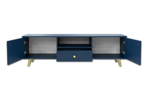 Szafka RTV MONA 160 cm z szufladą na nóżkach - Granatowa - widok od frontu, otwarta