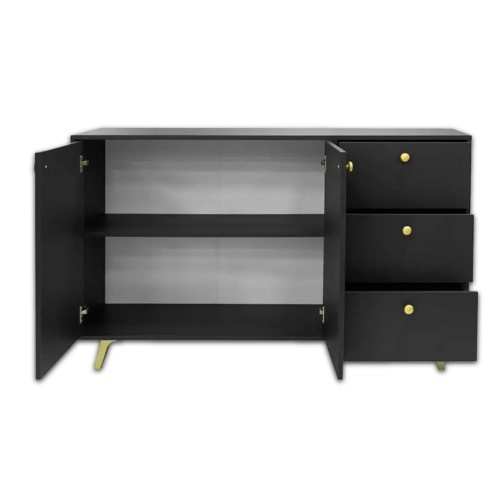 Komoda dwudrzwiowa MONA 140 cm na nóżkach z szufladami - Czarny mat, otwarta