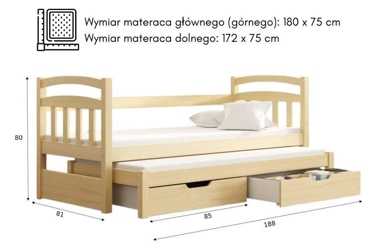 Łóżko dziecięce NIKO podwójne wysuwane z szufladami i materacem - Wymiarówka