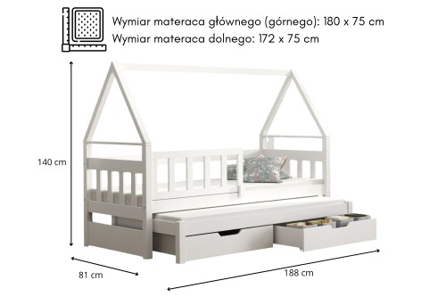 Łóżko dziecięce podwójne domek ALEX wysuwane z szufladami i materacem - Wymiarówka