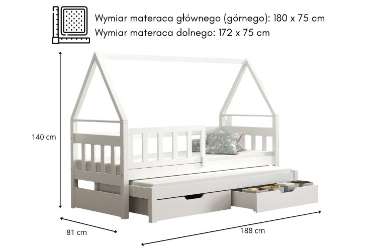 Łóżko dziecięce podwójne domek ALEX wysuwane z szufladami i materacem - Wymiarówka
