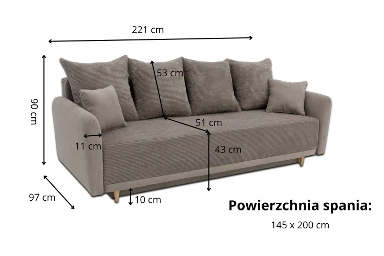 Sofa Merino z funkcją spania i pojemnikiem na pościel - wymiarówka