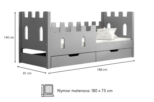 Łóżko dziecięce jednoosobowe CASTLE z szufladami i materacem - Wymiarówka