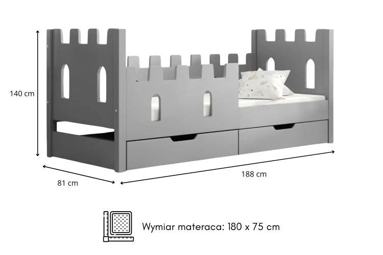 Łóżko dziecięce jednoosobowe CASTLE z szufladami i materacem - Wymiarówka