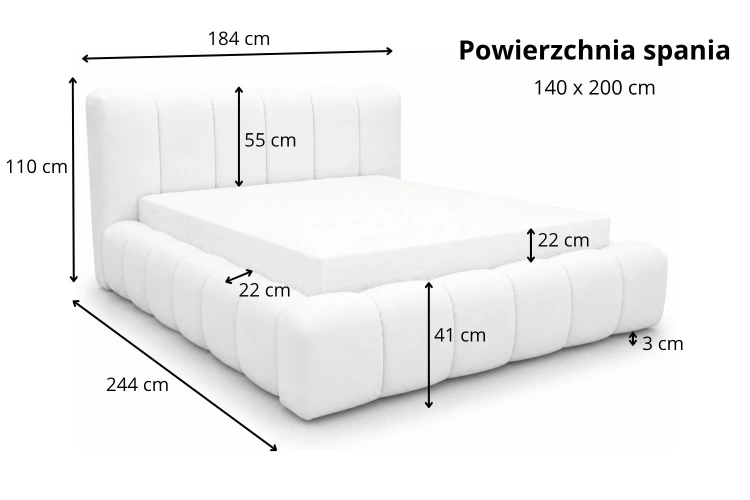 Łóżko tapicerowane dwuosobowe z pojemnikiem na pościel 140x200 Rubi - Wymiarówka