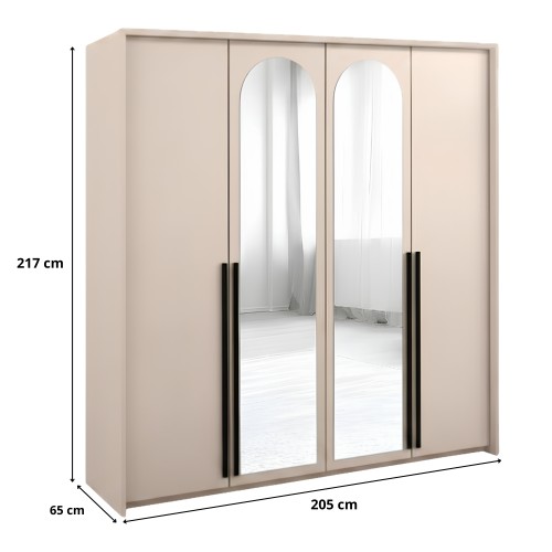 Szafa czterodrzwiowa z lustrem ARCADIA 205 cm - Beż piaskowy - Wymiarówka
