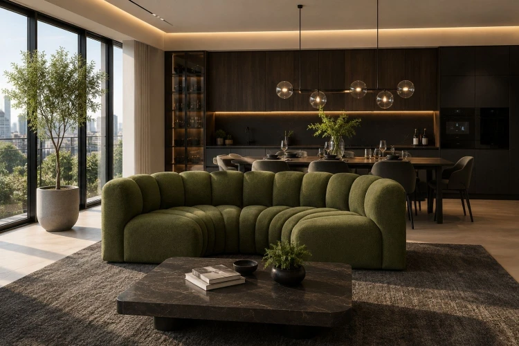 Sofa modułowa Marbella U półokrągła z eleganckimi przeszyciami - tkanina Aragon - Aranżacja
