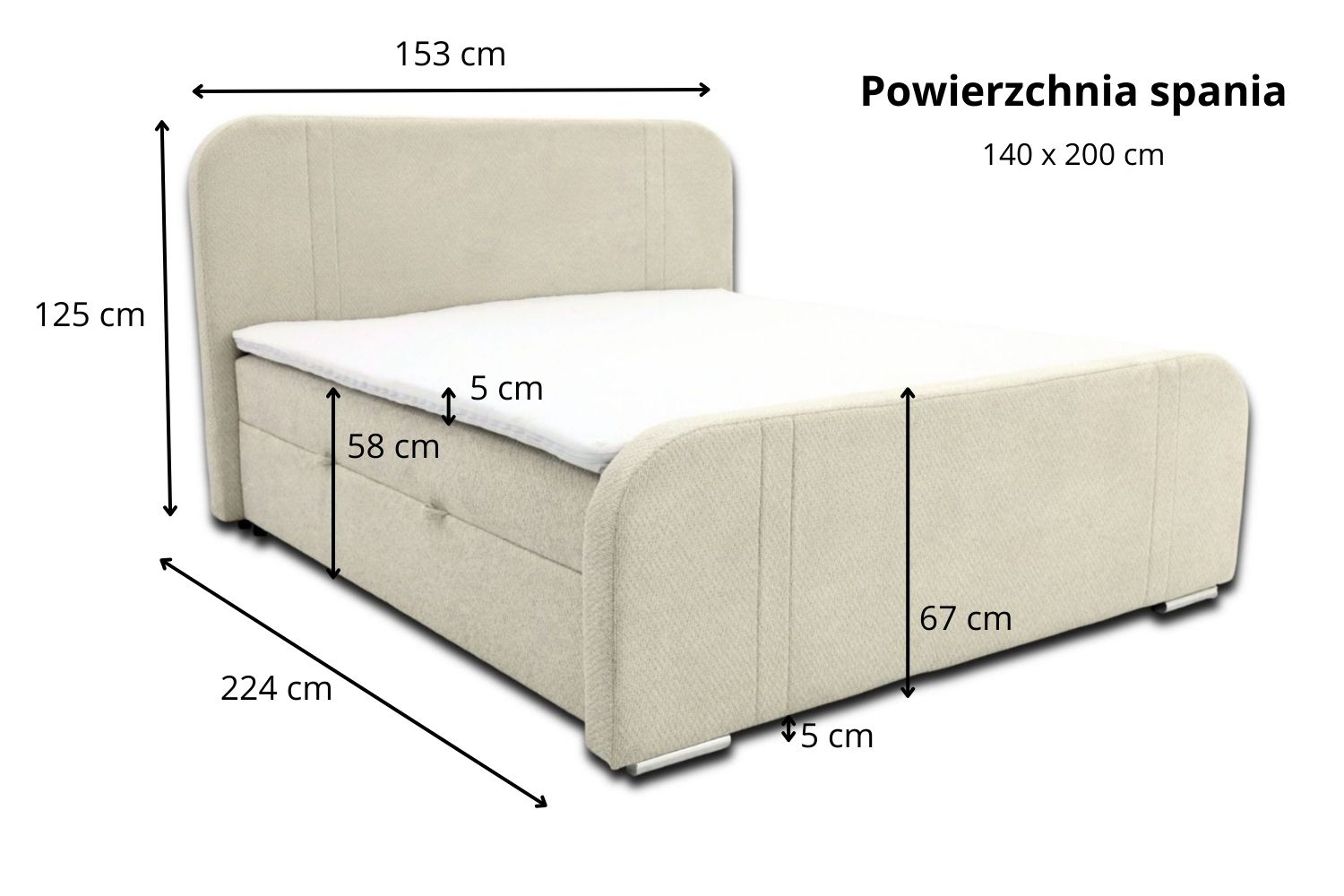 Łóżko kontynentalne z pojemnikiem na pościel 140x200 Camellia - wymiarówka