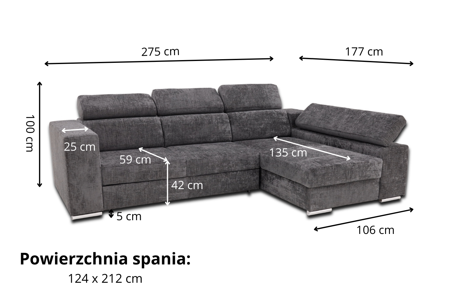 Narożnik Denver z funkcją spania i pojemnikiem na pościel - Wymiarówka