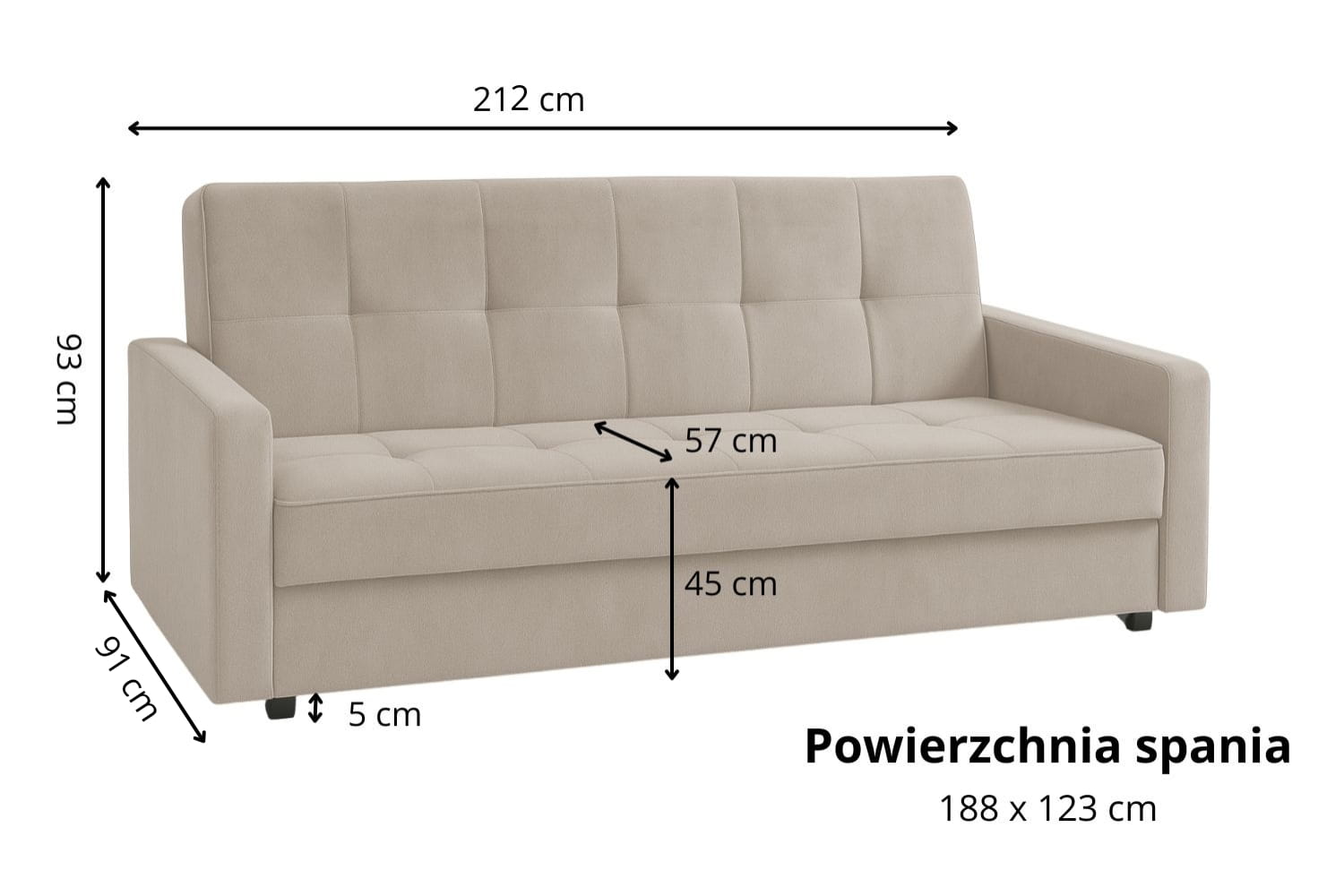 Wersalka LED 212 cm- Wymiary