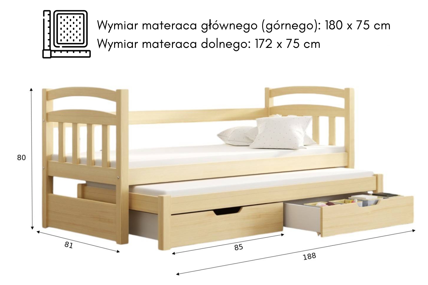 Łóżko dziecięce NIKO podwójne wysuwane z szufladami i materacem - Wymiarówka