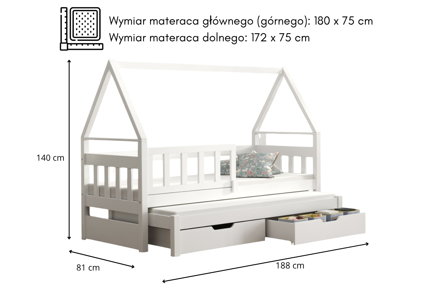 Łóżko dziecięce podwójne domek ALEX wysuwane z szufladami i materacem - Wymiarówka