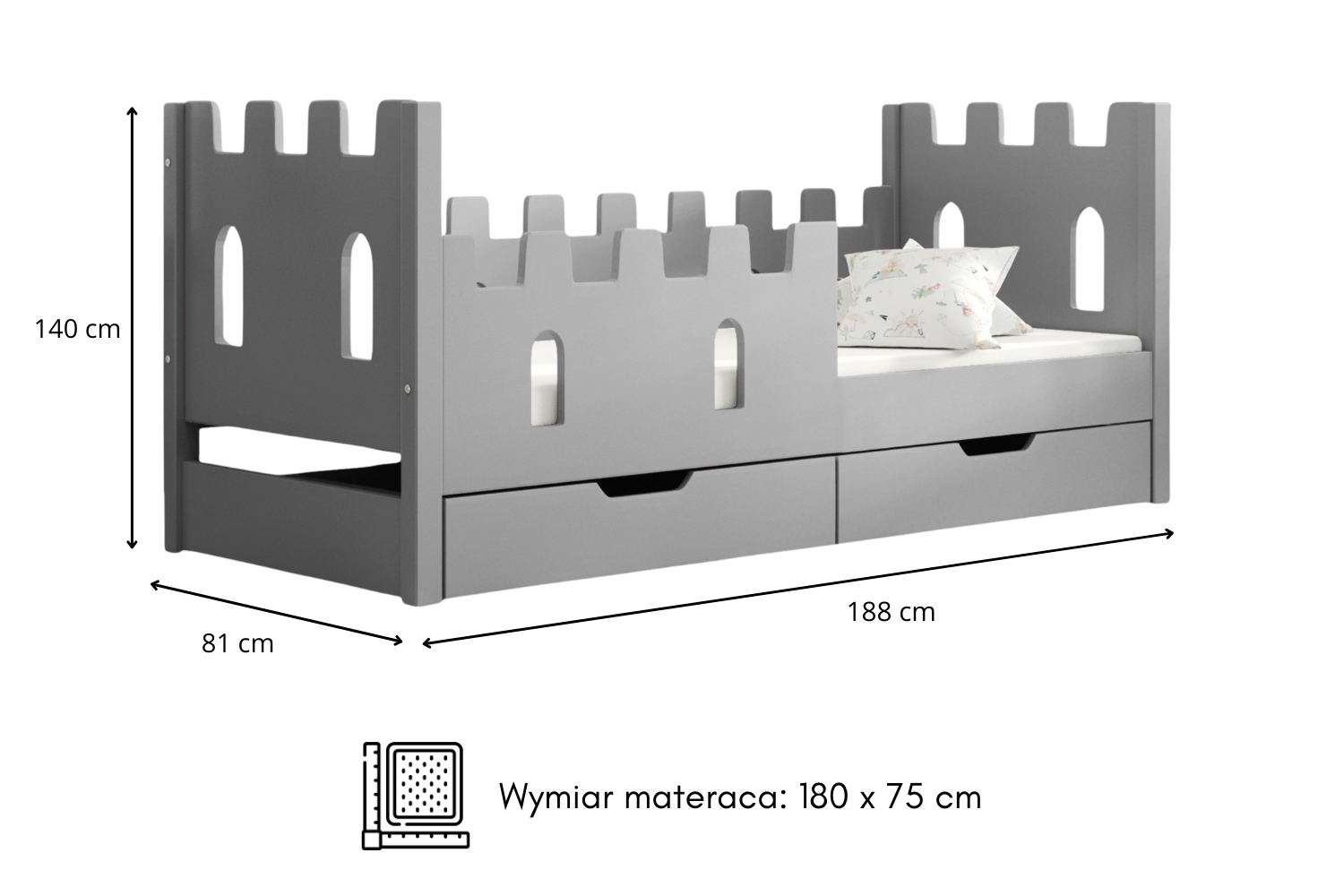 Łóżko dziecięce jednoosobowe CASTLE z szufladami i materacem - Wymiarówka
