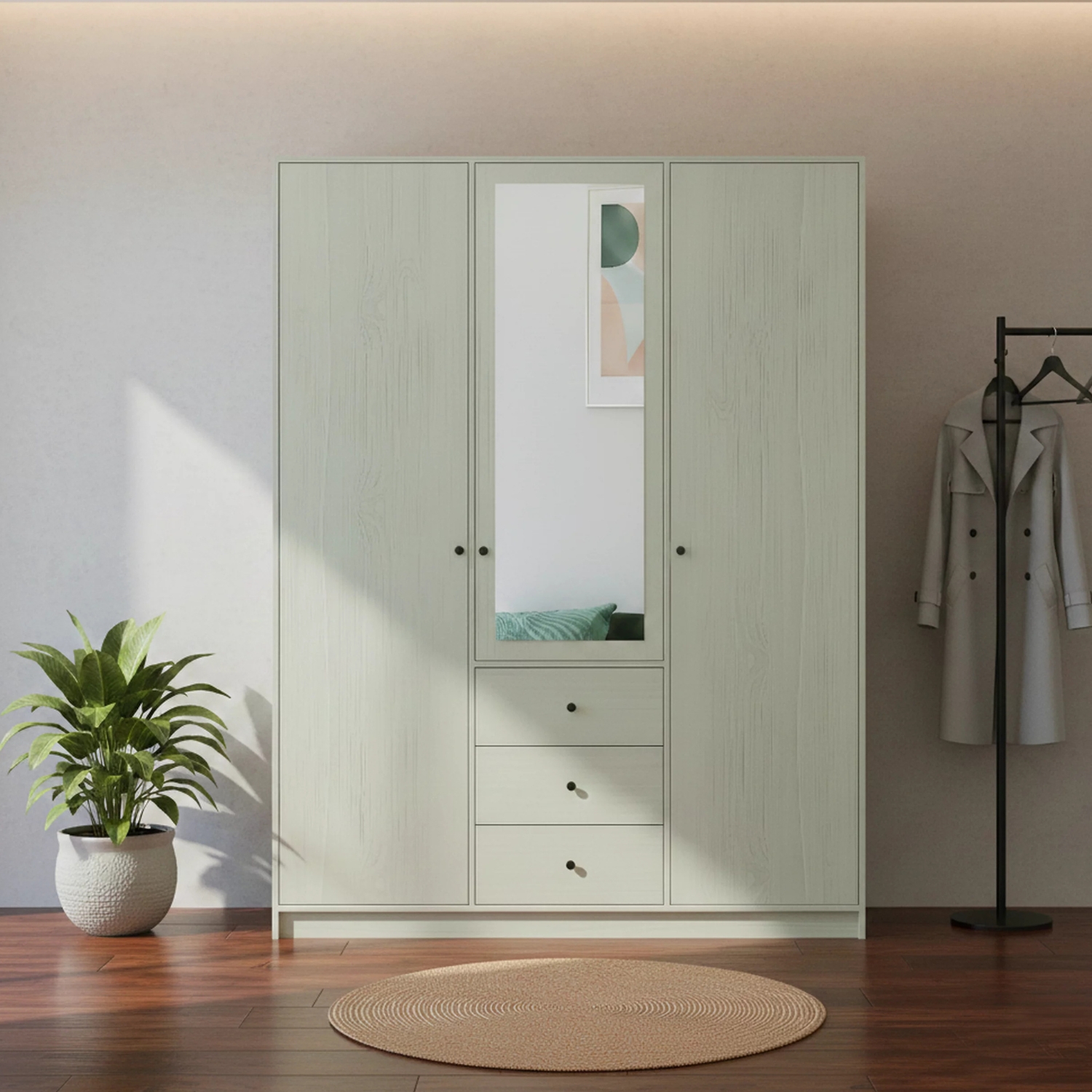 Szafa trzydrzwiowa MONA LUX 149 cm z lustrem i szufladami - Eucalyptus - Aranżacja