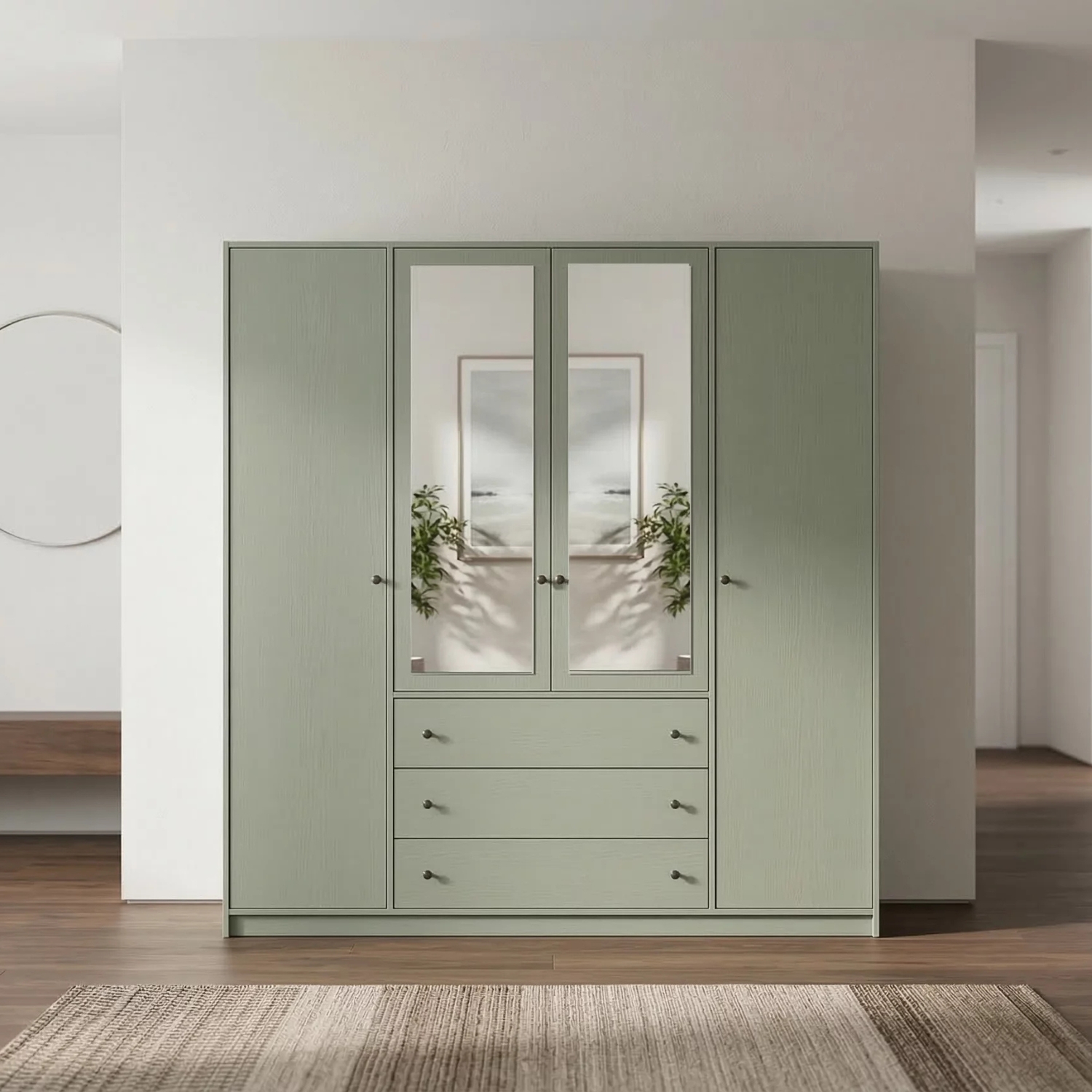 Szafa czterodrzwiowa MONA LUX 196 cm z lustrem i szufladami - Eucalyptus - Aranżacja